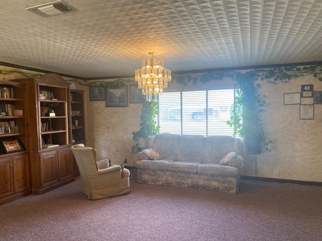 unfurnished living room featuring an inviting chandelier and carpet