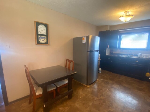 kitchen with stainless steel fridge and sink