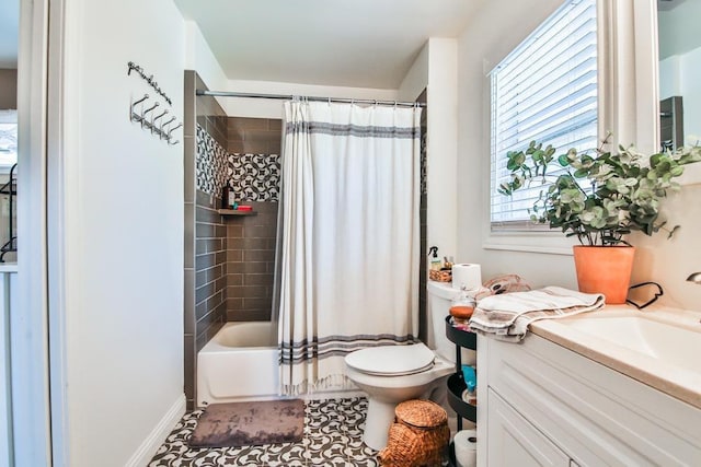 full bathroom with tile patterned flooring, vanity, shower / bath combination with curtain, and toilet