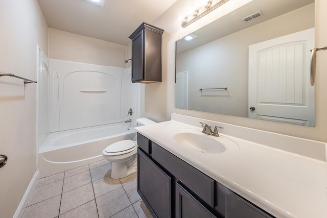 full bathroom with shower / tub combination, tile patterned floors, toilet, and vanity