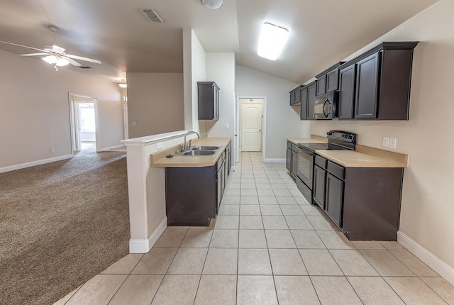 kitchen with vaulted ceiling, sink, light colored carpet, ceiling fan, and black appliances