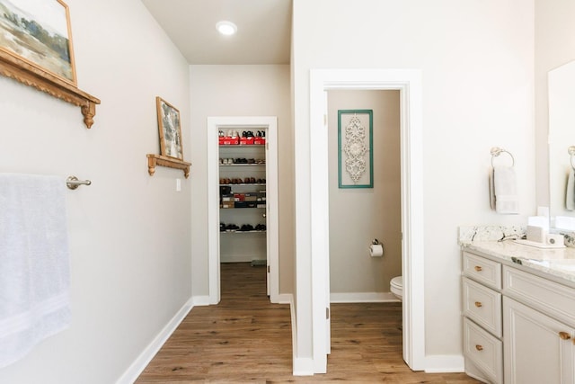 bathroom with vanity, toilet, and wood-type flooring