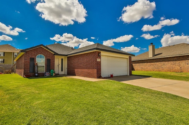 ranch-style home with a garage, brick siding, driveway, and a front yard