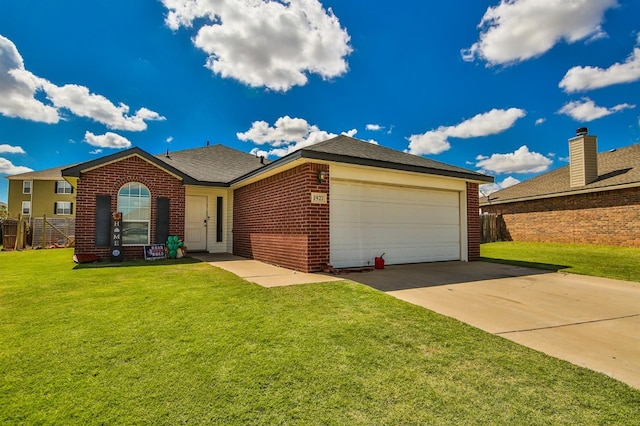 ranch-style house with a front lawn, a garage, driveway, brick siding, and fence