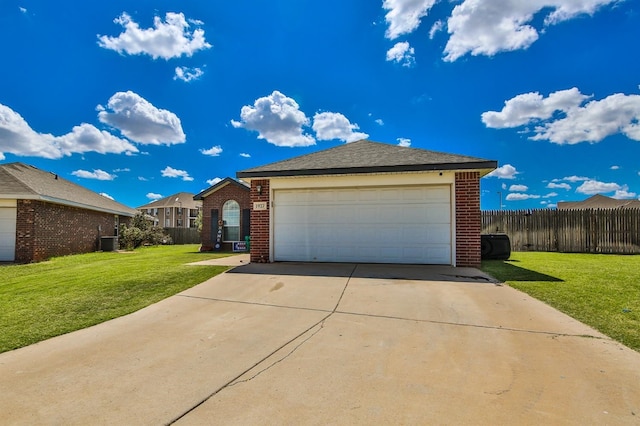 ranch-style home featuring a front lawn, central AC unit, driveway, brick siding, and fence