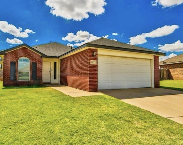 ranch-style house featuring driveway, a front lawn, brick siding, and a garage