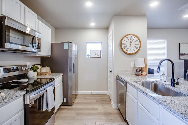 kitchen featuring white cabinetry, sink, light stone counters, and appliances with stainless steel finishes