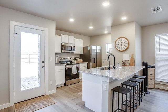 kitchen with light stone counters, a breakfast bar area, white cabinets, and appliances with stainless steel finishes