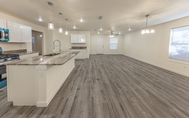 kitchen with sink, a large island with sink, and white cabinets