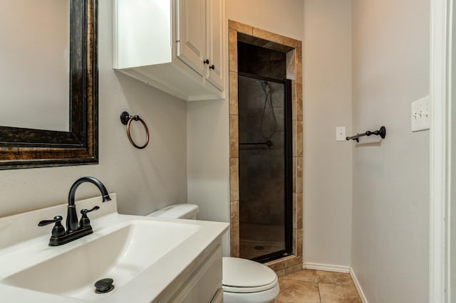 bathroom featuring tile patterned floors, toilet, an enclosed shower, and sink