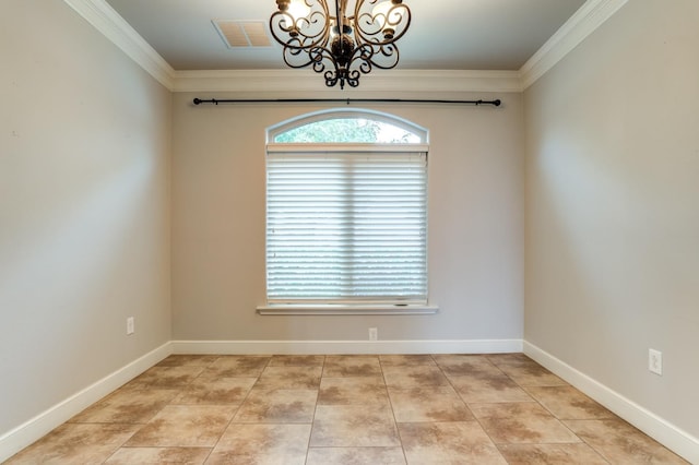 spare room with ornamental molding, light tile patterned flooring, and an inviting chandelier