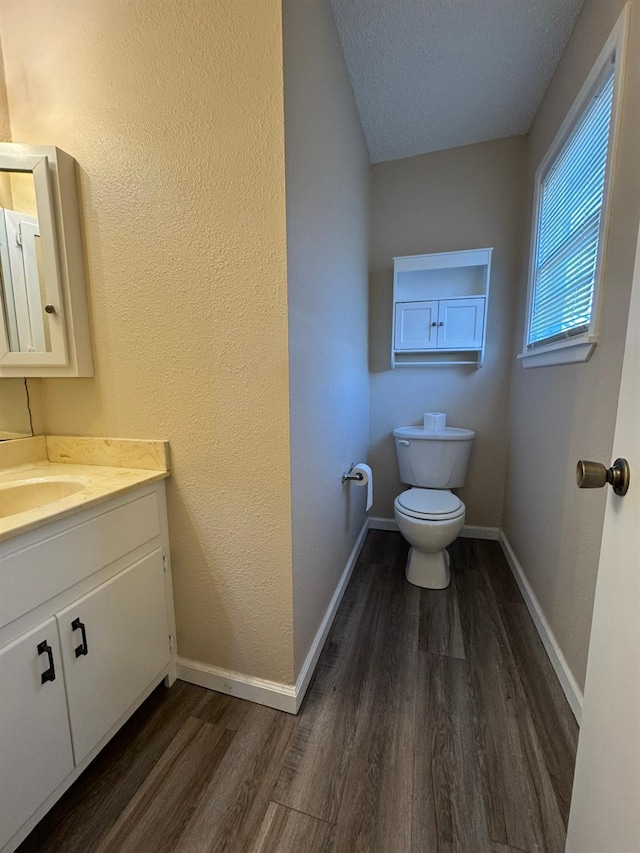 bathroom with vanity, a textured ceiling, wood-type flooring, and toilet