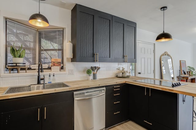 kitchen with sink, wooden counters, hanging light fixtures, black electric cooktop, and stainless steel dishwasher