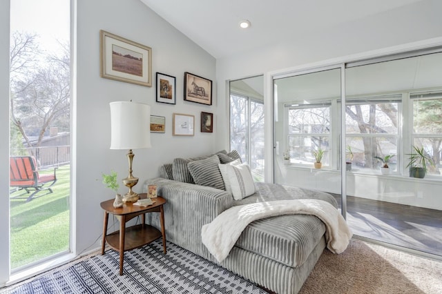 living area with vaulted ceiling