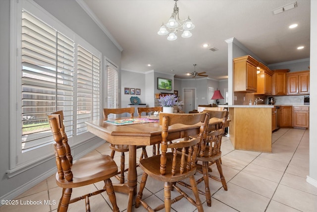 10401 Elgin Ave, Lubbock, TX 79423 - dining room featuring ornamental molding, light tile patterned floors, a chandelier, a ceiling fan, and recessed lighting