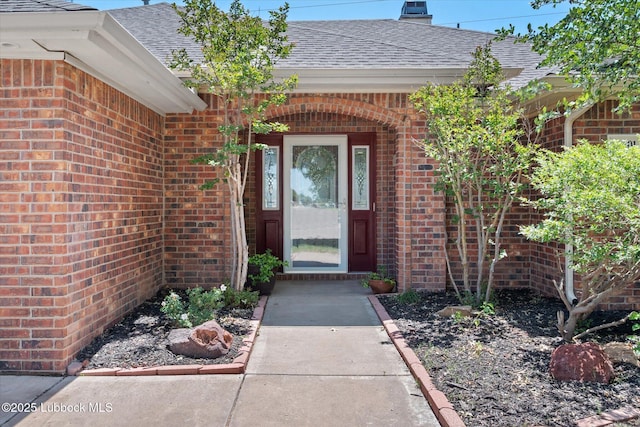 10401 Elgin Ave, Lubbock, TX 79423 - doorway to property with brick siding, roof with shingles, and a chimney