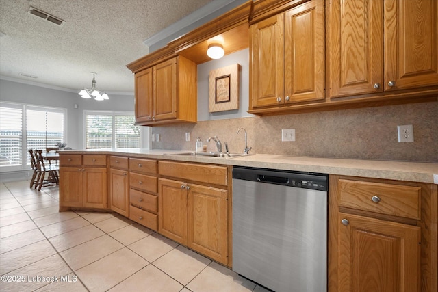 10401 Elgin Ave, Lubbock, TX 79423 - kitchen with stainless steel dishwasher, light tile patterned flooring, ornamental molding, a chandelier, and light countertops