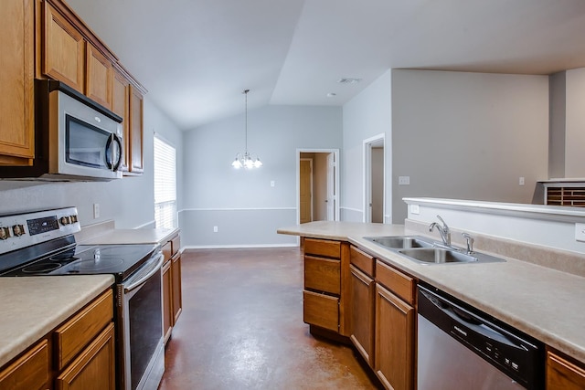 kitchen with lofted ceiling, sink, a chandelier, pendant lighting, and stainless steel appliances