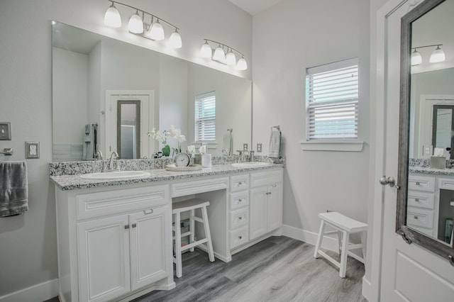 bathroom featuring hardwood / wood-style flooring, a healthy amount of sunlight, and vanity