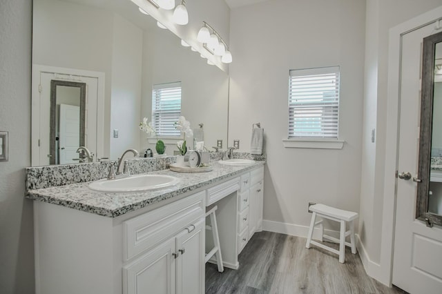 bathroom featuring vanity, hardwood / wood-style floors, and a healthy amount of sunlight