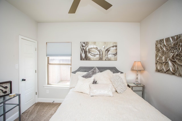 bedroom featuring carpet, ceiling fan, and baseboards