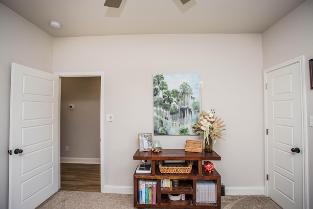 hall featuring baseboards and carpet flooring