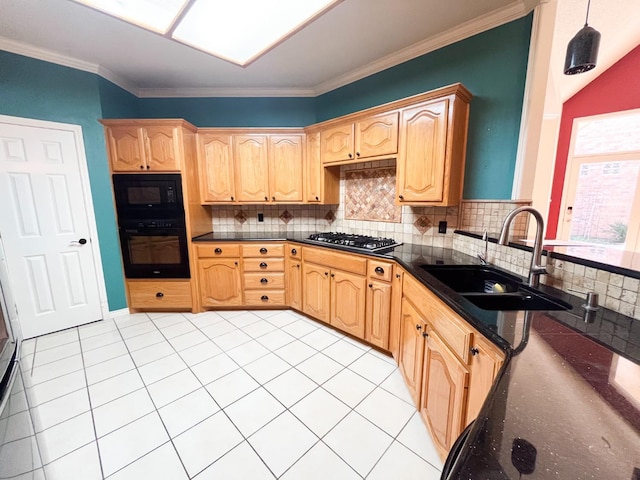 kitchen with sink, tasteful backsplash, light tile patterned floors, ornamental molding, and black appliances