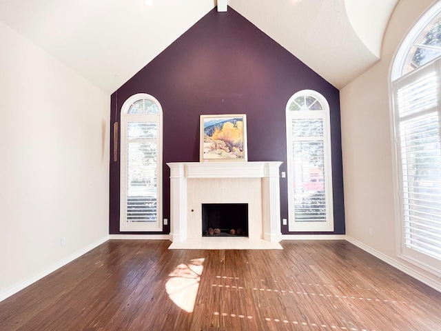 unfurnished living room with hardwood / wood-style floors and high vaulted ceiling