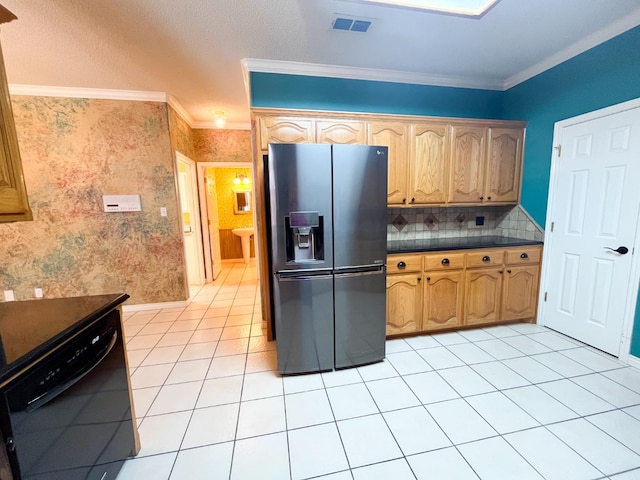 kitchen with black dishwasher, backsplash, ornamental molding, light tile patterned floors, and fridge with ice dispenser