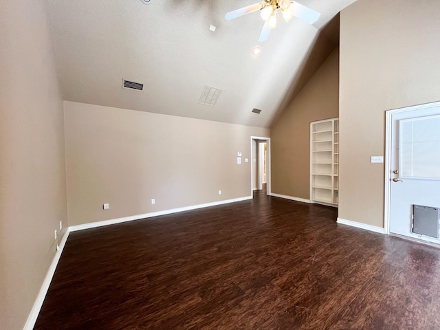 unfurnished living room featuring high vaulted ceiling, dark hardwood / wood-style floors, and ceiling fan