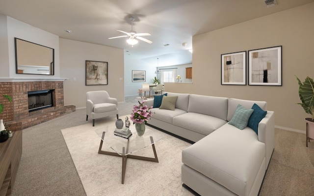 carpeted living room with ceiling fan and a fireplace