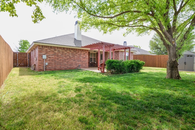 9808 Huron Ave, Lubbock, TX 79424 - rear view of property with a pergola, a chimney, brick siding, and a fenced backyard
