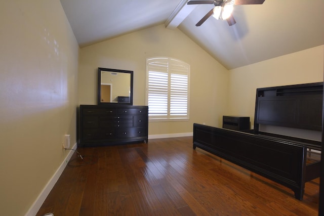 bedroom with dark wood-type flooring, vaulted ceiling with beams, and ceiling fan