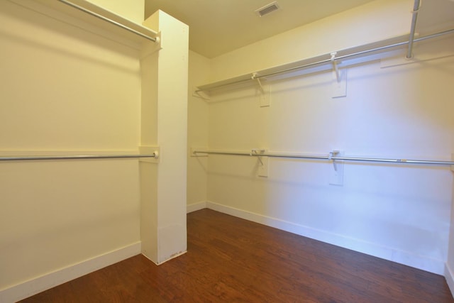 walk in closet with dark hardwood / wood-style flooring