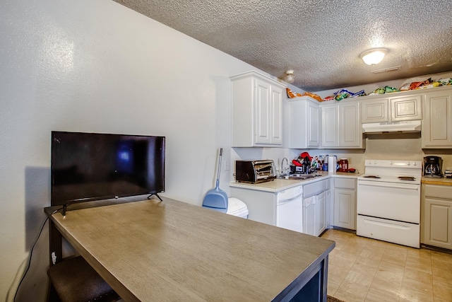 kitchen featuring white cabinetry, white appliances, sink, and a textured ceiling