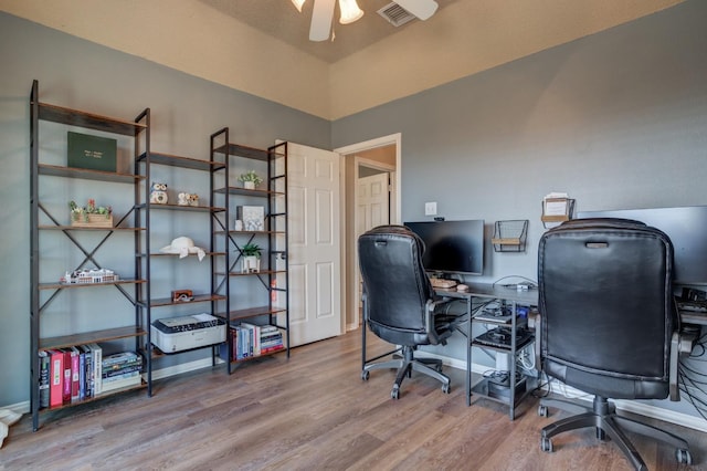 office area featuring hardwood / wood-style floors and ceiling fan