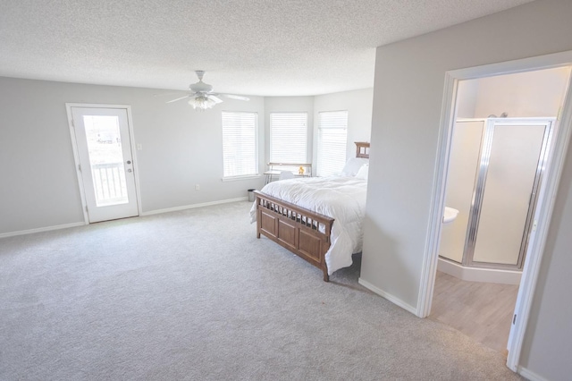 bedroom featuring light carpet, multiple windows, and ceiling fan