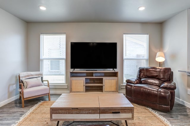 living room featuring a healthy amount of sunlight and dark hardwood / wood-style floors