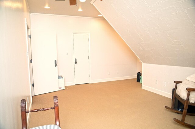 additional living space featuring lofted ceiling and carpet floors