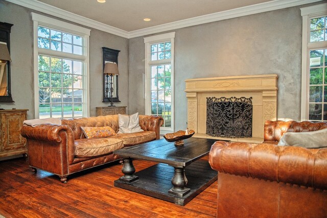 living room with hardwood / wood-style flooring, crown molding, and a wealth of natural light