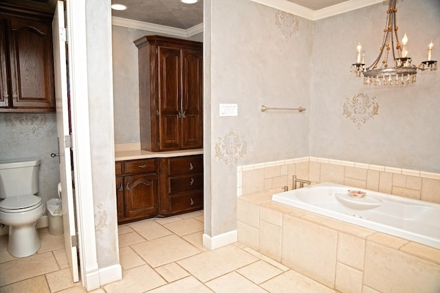 bathroom with toilet, ornamental molding, and tiled bath