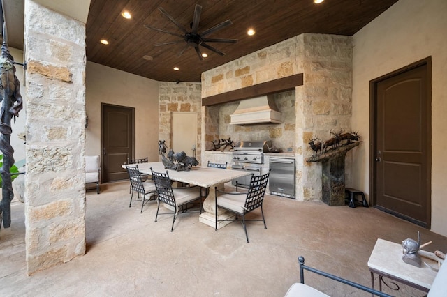 dining room with wooden ceiling and ceiling fan