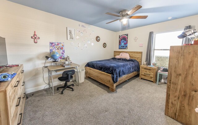 bedroom with light carpet and ceiling fan