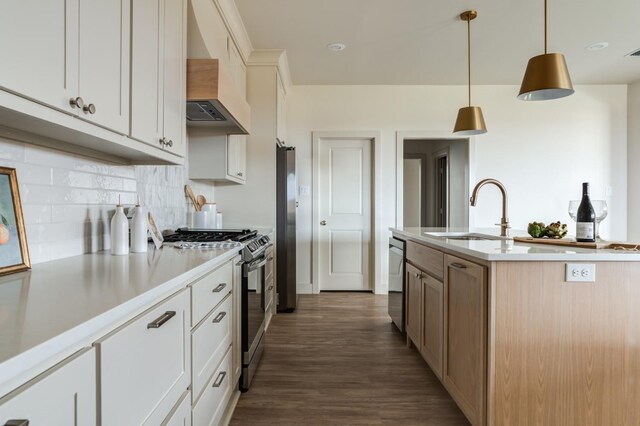 kitchen with appliances with stainless steel finishes, decorative light fixtures, tasteful backsplash, sink, and custom exhaust hood