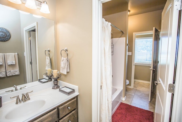 full bathroom featuring toilet, shower / tub combo, tile patterned floors, and vanity