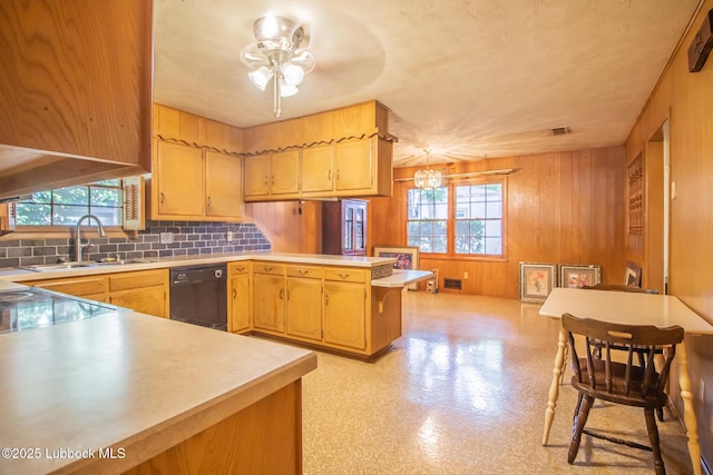 3404 59th St, Lubbock, TX 79413 - kitchen featuring dishwasher, a sink, healthy amount of natural light, ceiling fan, and wooden walls
