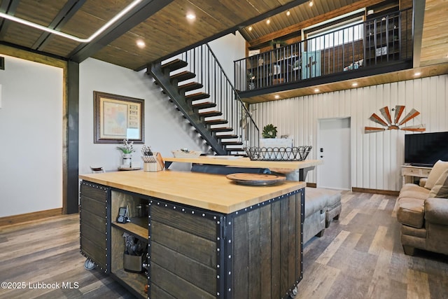 743 Co Rd, M, Tahoka, TX 79373 - kitchen with baseboards, wooden counters, wood finished floors, and wood ceiling