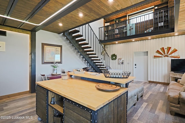 743 Co Rd, M, Tahoka, TX 79373 - kitchen featuring wood finished floors, baseboards, wood counters, and wood ceiling