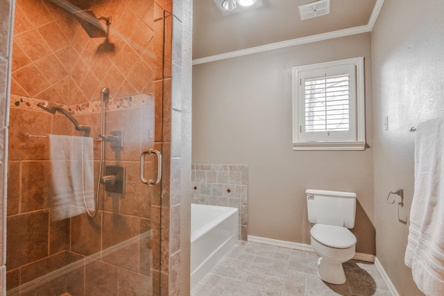 bathroom with ornamental molding, shower with separate bathtub, and toilet