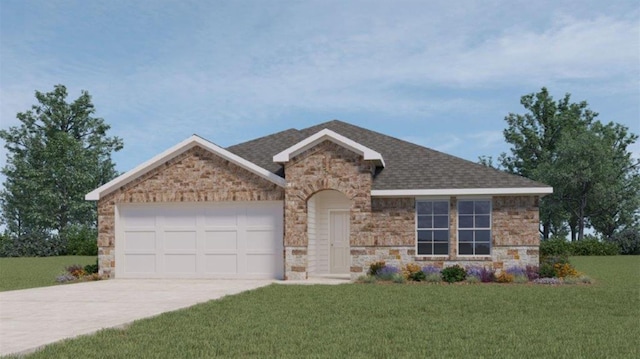 ranch-style house with a garage and a front lawn